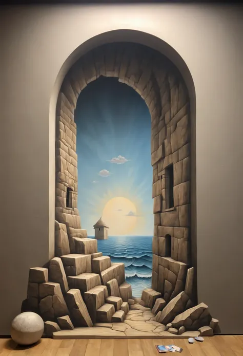 Optical Illusion art, Optical Illusion effect, trompe loeil, 3d painting on the wall, hand draw, reality, fantasy art, enhance, intricate, (best quality, masterpiece, Representative work, official art, Professional, 8k)