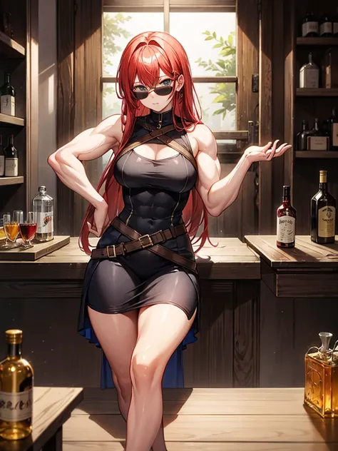 （（（masterpiece、Highest image quality、highest quality、highly detailed unity 8ｋwallpaper）））、（（（Illustration of one girl、beautiful girl）））、（adventurer）、（（（neutral）））、cool、（（red hair、long hair、golden eyes））、（（tall））、（（（muscular and strong body、muscle girl、musc...