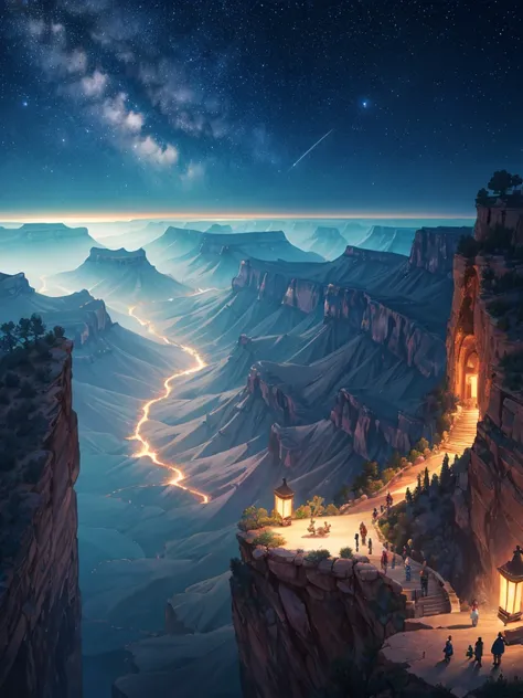 （（（masterpiece、Highest image quality、highest quality、highly detailed unity 8ｋwallpaper）））、（fantasy、Grand canyon）、night、beautiful starry sky、octans