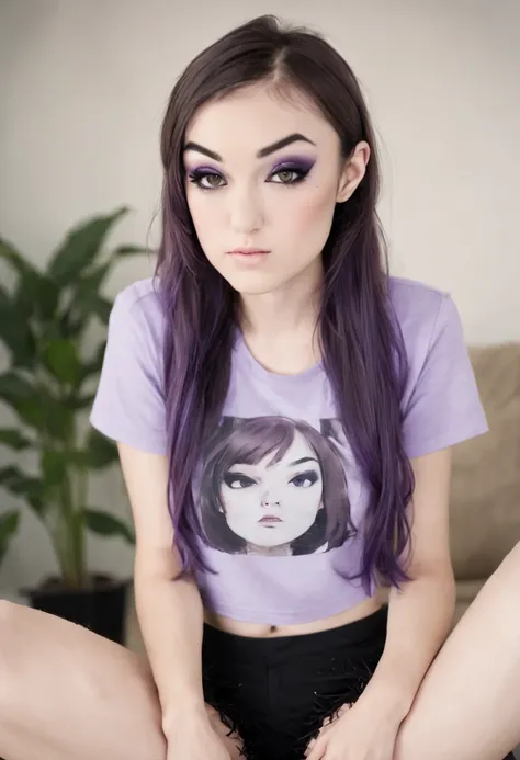 professional photo shoot, fully dressed sasha grey sitting, living room couch, barefooted and wearing short clothes and t-shirt,...