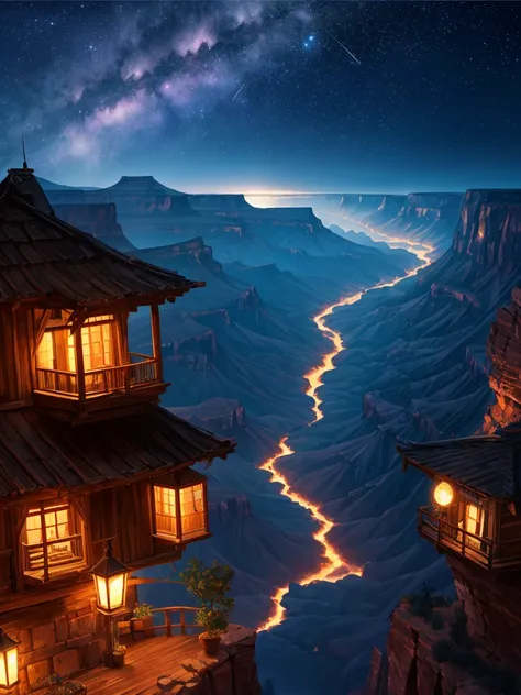 （（（masterpiece、Highest image quality、highest quality、highly detailed unity 8ｋwallpaper）））、（fantasy、Grand canyon）、night、beautiful starry sky、octans