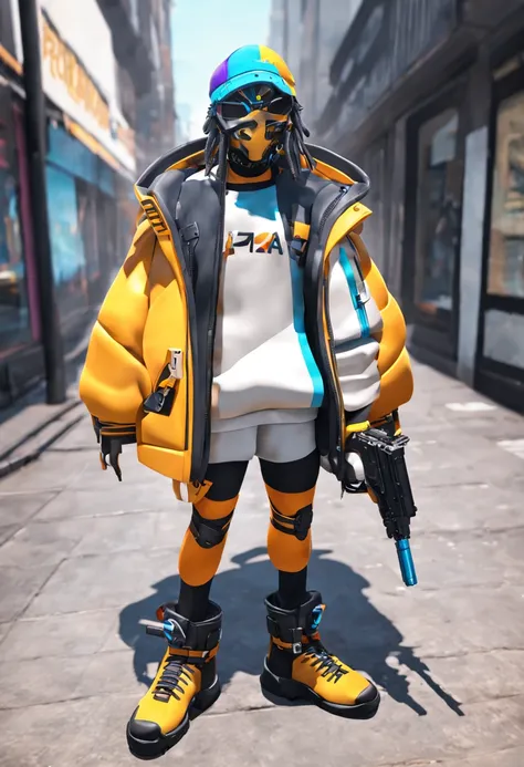 sharpened man in referee uniform, holding a gun and wearing a mask, acionar estilo de arte de anime, High detail iconic character, capanga de rua cyberpunk, como um personagem fortnite, cybernetic singer, Criminoso ciborgue, 3D character rendering, moda ur...