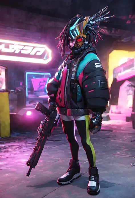 sharpened man in referee uniform, holding a gun and wearing a mask, acionar estilo de arte de anime, High detail iconic character, capanga de rua cyberpunk, como um personagem fortnite, cybernetic singer, Criminoso ciborgue, 3D character rendering, moda ur...