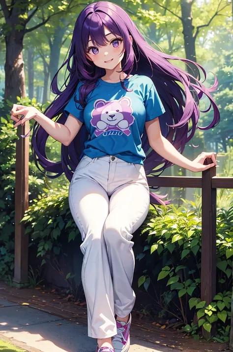 masterpiece, high quality, perfect body, perfect face, The Enchanted Forest, sunny weather, female, long hair, purple hair, bear t-shirt, shiny pants, white shoes, looking at viewer, laughing, glitter