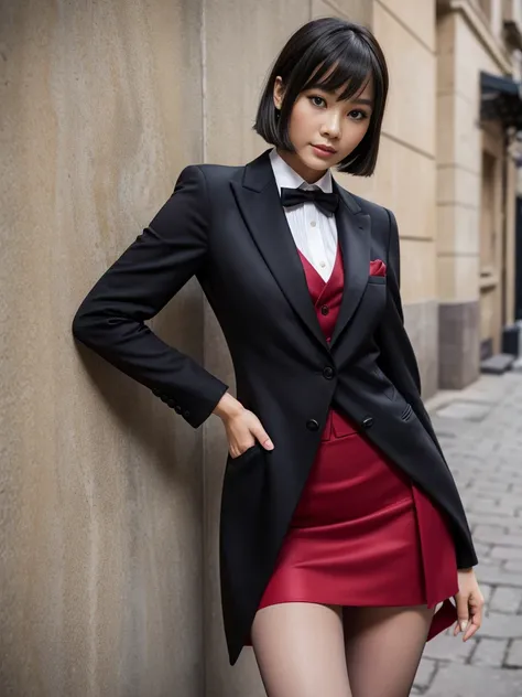 tmasterpiece，super high image quality，真实感，Three-dimensional feeling，physically-based renderingt，8K，Short black shoulder-length hair， skirt suit, (((three-piece suit))), necktie, blazer, (((suit jacket))), (((waistcoat))), double-breasted waistcoat, bodycon...