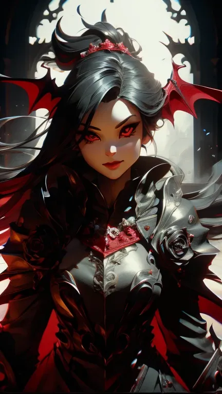 (best quality), (high detail), (close up),(vampire fangs), (1girl), a beautiful gothic vampire with snow white skin jet black hair and mascara running down her face, (fangs), crazy smile, (black and white effect), (black roses), dark and foggy background, ...