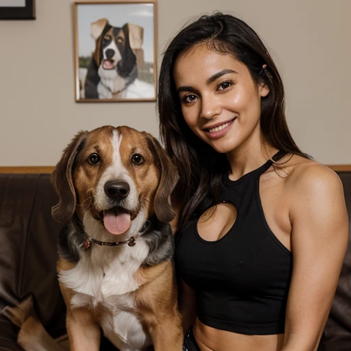 Mujer, latina, modelo de Instagram, between 25 to 30 years. Sonriendo con dientes perfectos, fitness, next to a one-year-old beagle dog