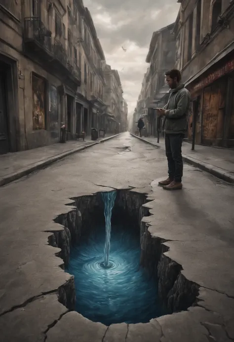 a street artist has painted a completely realistic hole full of water in the middle of a street, the artist with chalk in hand is kneeling beside it. Epic cinematic brilliant stunning intricate meticulously detailed dramatic atmospheric maximalist digital ...