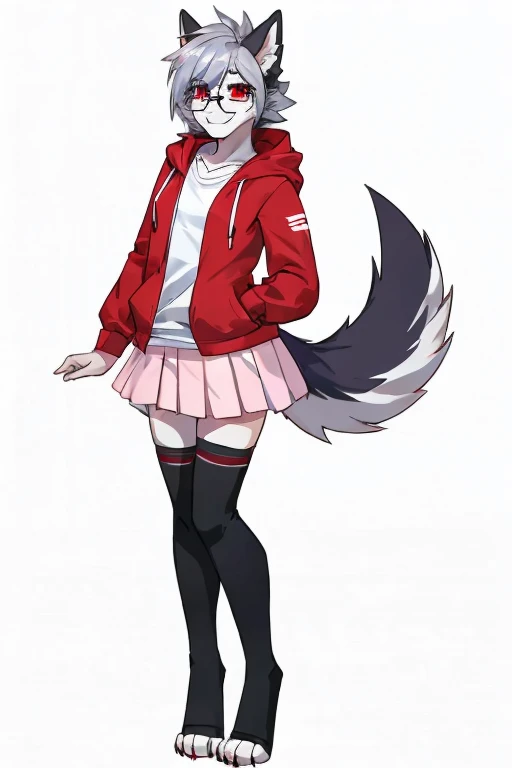 anthropomorphic, female, red eyes, silver hair, wolf, hellhound, (((1girl))), (((white shirt))), (pink skirt), (red hoodie), (black toeless thigh high socks), full body, cute and sexy, black fur, white underbelly, long legs, smiling, (glasses)