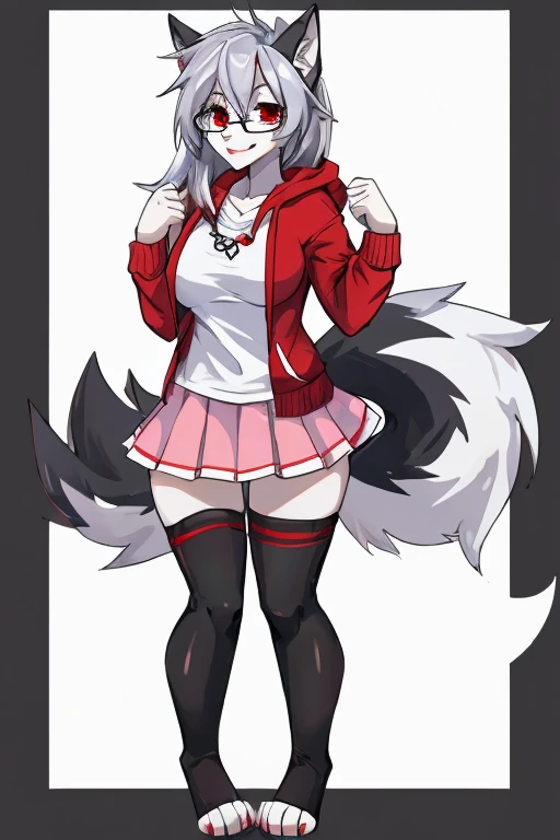 anthropomorphic, female, red eyes, silver hair, wolf, hellhound, (((1girl))), (((white shirt))), (pink skirt), (red hoodie), (black toeless thigh high socks), full body, cute and sexy, black fur, white underbelly, long legs, smiling, (glasses), big breasts