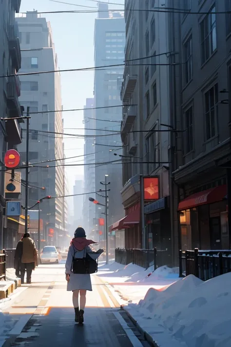 100-story building, many people passing by on the street, snowy weather