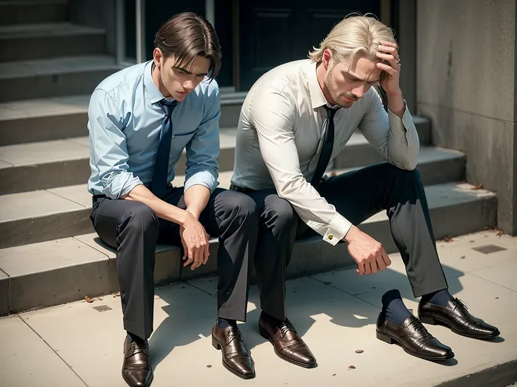 a man in a shirt and tie sitting on the steps, photograph, depressed sad expression, sad man, frustrated,  with a sad expression, stressed expression, a very sad man, photography, frustrated expression, very sad emotion, desperate pose, looks sad and solem...