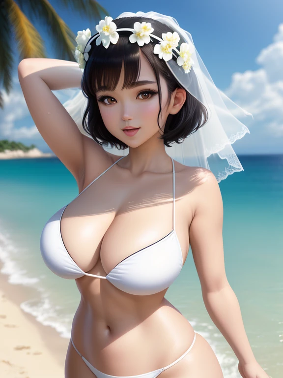 (WALLPAPER, masterpiece, 4k, anime style:1.9, ( detailed beach background, cowboy shot, looking at viewer, big breasts, big giant breast, open mouth, high color saturation, bold lines, bold drawing lines, (strong arms, flat belly, groin), detailed bold arm...