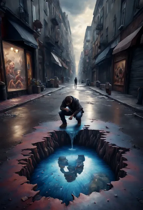 a street artist has painted a completely realistic hole full of water in the middle of a street, the artist with chalk in hand is kneeling beside it. Epic cinematic brilliant stunning intricate meticulously detailed dramatic atmospheric maximalist digital ...