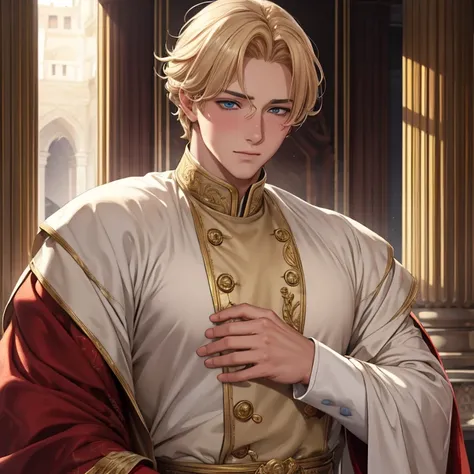 Blushing handsome prince with blond hair looks with a loving gaze, In the palace