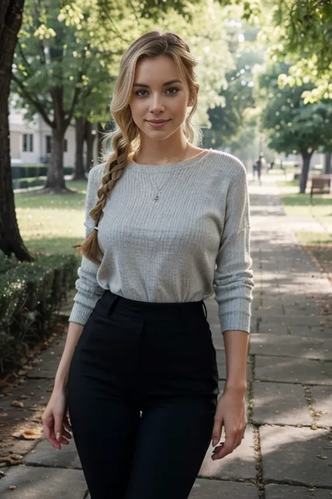 blonde de 25 ans, very classy, en tenue pour aller au bureau, chandail gris long, Tight black pants, yeux verts bleus, marche dans le parc, flirte avec la camera, cheveux blonds, cheveux blancs, french braid, Makeup, sourire, 85 mm, chanoine, f/1.2, UHD, a...