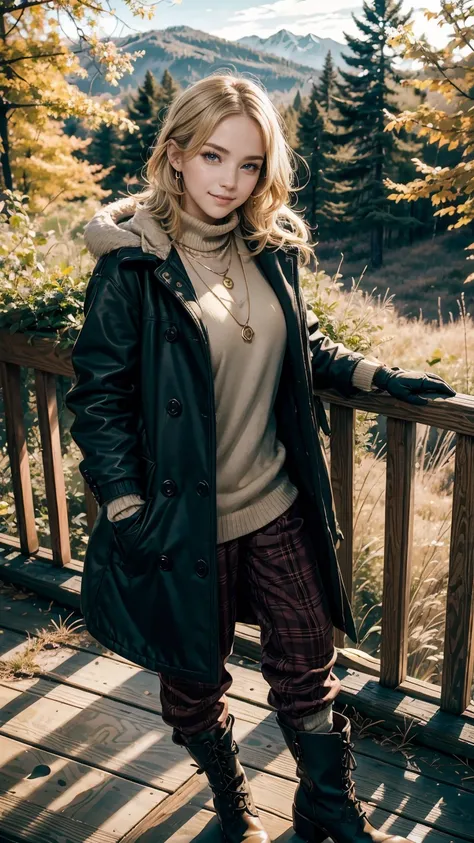 25-year-old Caucasian woman、Blonde gradient color、Eye color is blue、medium long hair、hair is wavy、wearing accessories on the wrist、Wearing a necklace、high resolution、Fine skin、smile、wearing a high neck sweater、Wearing a duffel coat、I&#39;m wearing warm pan...