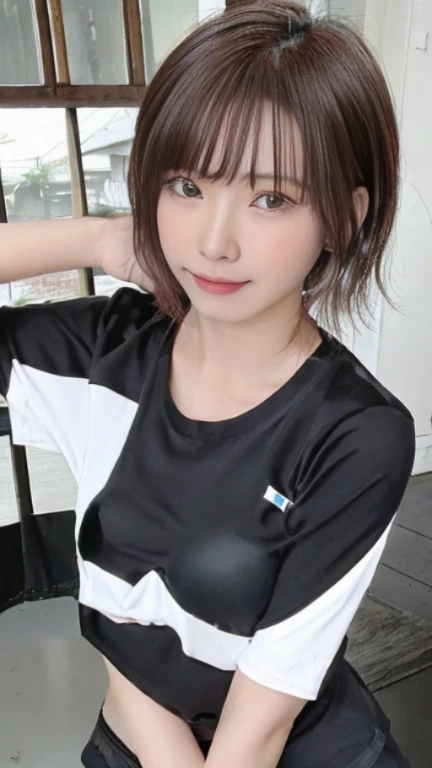 Best quality, masterpiece, ultra high res,, raw photo, Perfect, softlight, 20 years old mature woman, japanaese famous idol:1.25 ,Beautuful Women ,a small face, smile, cute, cute face, Short hair, skinny body ,Sweat ,wet, dirty with mud , T-shirt ,standing...