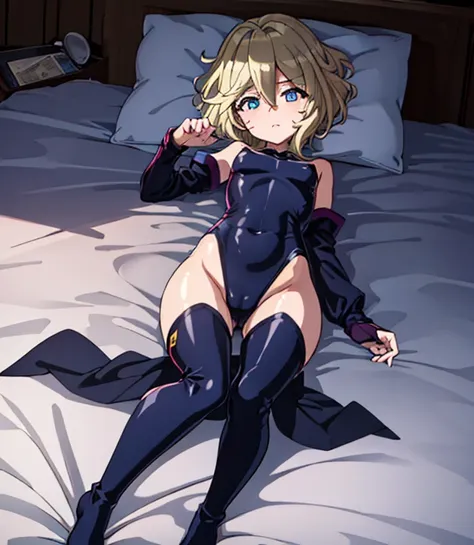 highest quality,sleep on your back in bed，Crab crotch，show me your boots，thigh high boots，leotardチラ見せ，glove，elegant, 1 girl, leotard，body suit，cute, blushed, looking at the viewer, from below, prison，blue eyes, beautiful eyes, beautiful background, particl...