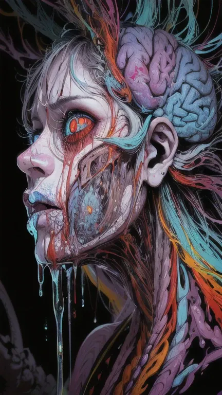 ((Anatomical brain and eyes)), ((dripping multi-colored liquid, in the style of realistic hyper-detailed rendering)), (bloody), ((gore)), Neon color palette, Dental nucleus, Multi-level gestures, ((grotesque)), ((statuesque)), ((((Surrealist horror painter...