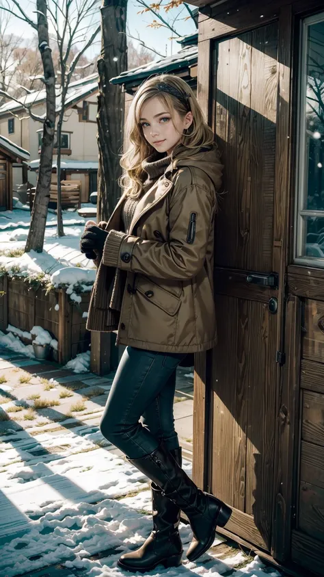 25-year-old Caucasian woman、Blonde gradient color、Eye color is blue、medium long hair、hair is wavy、wearing accessories on the wrist、Wearing a necklace、high resolution、Fine skin、smile、wearing a high neck sweater、Wearing a duffel coat、I&#39;m wearing warm pan...