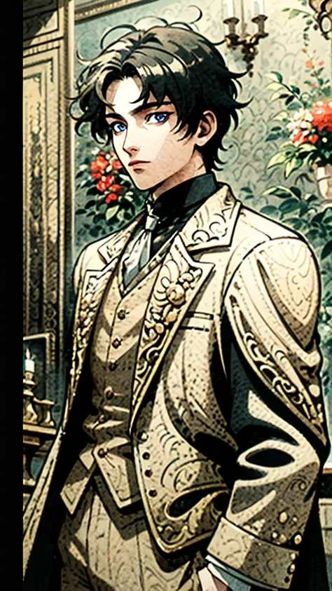 artstudt, (official art, extremely detailed CG unity 8k wallpaper),(1man:1.3),beautifully detailed eyes, detailed fine nose, detailed fingers, (8k), (best quality), ( masterpiece:1.2), extremely detailed, black hair,
1 prince, handsome, rococo style, vest,...