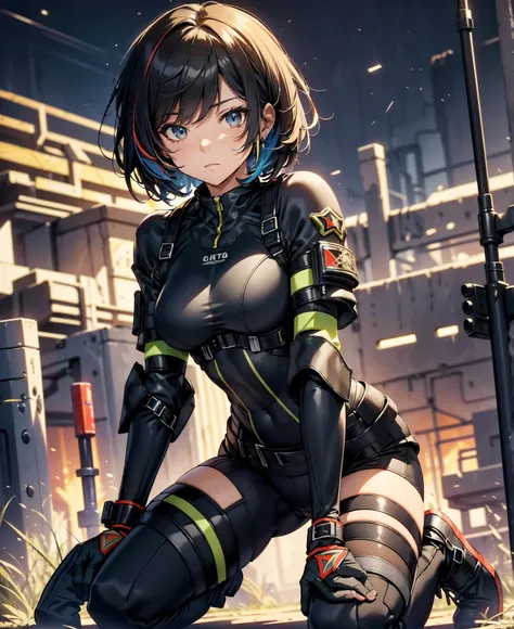 best quality，T Masterpiece，ultimate resolution，fluff，very colorful，colorful，female combatant，（Kneeling Pose）（pointing at you with his butt）mature woman，Black Super Short Hair，tight combat uniform，tight suit，Steel City Background，the night，normal posture，no...