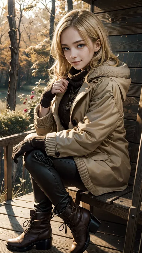 25-year-old Caucasian woman、Blonde gradient color、Eye color is blue、medium long hair、hair is wavy、wearing accessories on the wrist、Wearing a necklace、high resolution、Fine skin、smile、wearing a high neck sweater、Wearing a duffel coat、I&#39;m wearing warm pan...