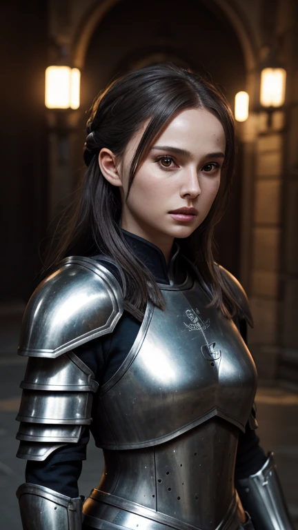 A woman wearing leather armor is taking a photo、soft portrait shot 8k、girl in knight&#39;s armor、Beautiful Female Knight、Beautiful Female Knightのポートレート、Sophie Mudd portrait、8k art germany bokeh、color photography portrait 4k、High quality portrait、karol back...