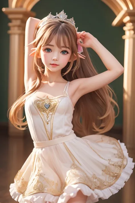 High resolution、High level image quality、8K、real live action、Raw photo、highest quality、masterpiece、14 year old elf girl、ballerina、flat chest、unparalleled beauty、Princess、Wearing a tiara on your head、young face、(((beautiful girl)))、Dancing on stage、Swan Lak...