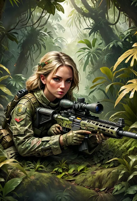 Female warrior, camouflage uniform, lying on the jungle ground aiming, sniper rifle, characters hidden in the environment, enhance, intricate, (best quality, masterpiece, Representative work, official art, Professional, 8k)