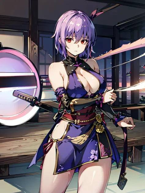 (table top, highest quality:1.3)
doa ayane, 1 girl, alone, chest, short hair, large chest, thighs thighs thighs, bare shoulders, arms, sword, head band,Fighting Arena,hypnorolla,
empty eyes