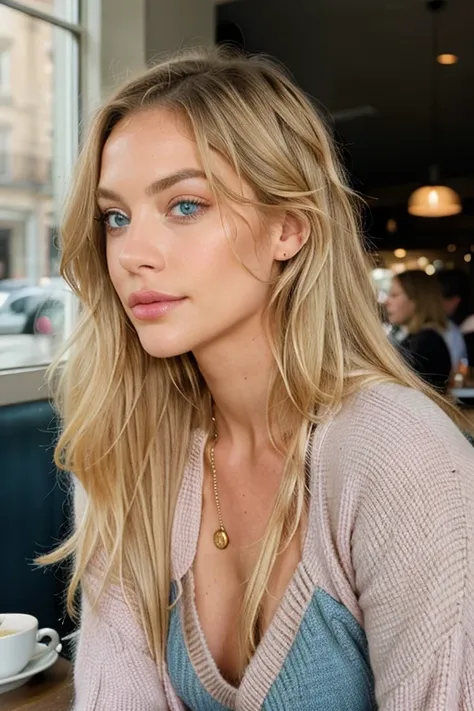 Kira Hope with long platin blond hair and blue eyes, in the style of precisionist, wavy, textural layering, light amber and pink, olive cotton, flattering lighting, effortlessly chic, in cafe, looking away