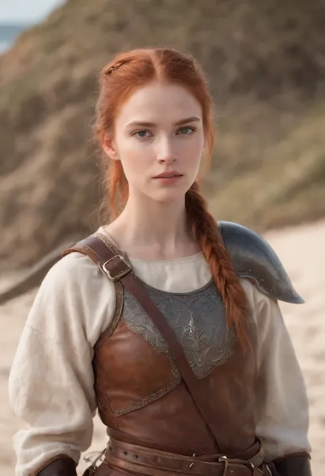 norwegian girl 14 years old ,Red-haired ponytail, dusty face, wearing leather armor, against the background of a sandy beach, sword in hands, Wind, photorealism, sharp focus, Realistic facial skin, oppressive atmosphere,View,erotic face、medieval female kni...