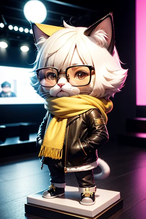 3D,chibi,blindbox,cat, white fur, short fur, gold-rimmed glasses, audience-oriented, colorful scarf,touxiang, whiskers, cool