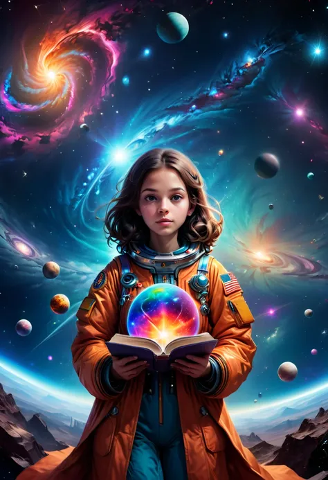 1girl,academic gown,holding books,wise,intelligent,adventurous,explorative,astrophysics,cosmic background,unknown planets,galaxy,starlight,stellar exploration,deep space,stalled sky,learning,books,scientific curiosity,ambitious,curious,smart,space explorat...