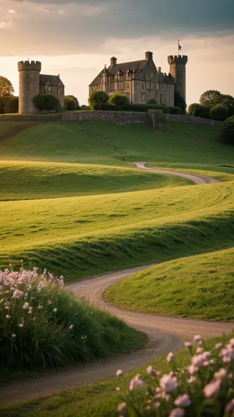 a realistic photo of a english castle on a plain in spring, with a typical English village from the year 1400 around the castle, very cloudy sky at sunset, hyperrealistic, masterpiece, best quality, maximum quality, intricate details, ultrasharp, ambient o...