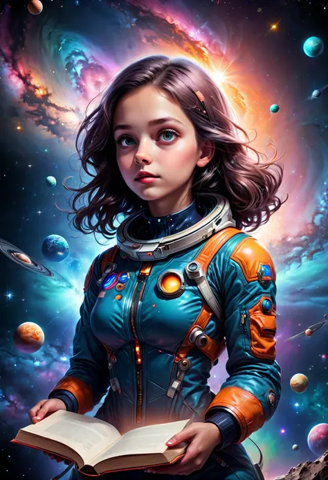 1girl,starry clothes,holding books,wise,intelligent,adventurous,explorative,astrophysics,cosmic background,unknown planets,galaxy,starlight,stellar exploration,deep space,stalled sky,learning,books,scientific curiosity,ambitious,curious,smart,space explora...