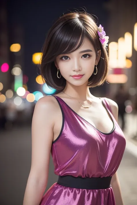 female idol、shiny lip gloss、smiling face、smoky eyeshadow、winged eyeliner、((dramatic lashes))、female silk dress、flowers、colorful short hair（neon fuchsia)、flowers in the hair、conceptual art, High quality, Realistic, extremely detailed CG unified 8k wallpaper...