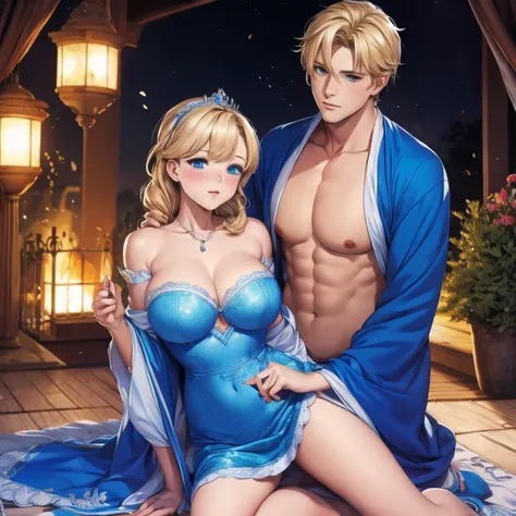 Blushing handsome prince with blond hair grabs blushing Cinderella by her bare chest, голая Cinderella in front of the prince, his palms on her chest, Cinderella in front of the prince, beautiful nipples, shy, Virgin, sexual arousal before sex, In the pala...