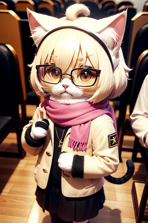 3D,chibi,blindbox,cat, white fur, short fur, gold-rimmed glasses, audience-oriented, colorful scarf,touxiang, whiskers, cool