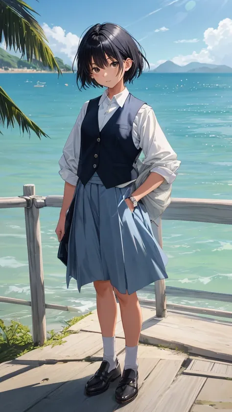 Kai Kokoai, Exactly like Kai Kokoai, STU48 Single Favorite Person Costume, Short Hair, Black Hair, One Girl, 18 Years Old, Vest, Photo, Realistic, Best Quality, Adopted, Detailed Face, Strong Sunlight, Sea, Embankment, Detailed Background, Diffuse Sunlight...