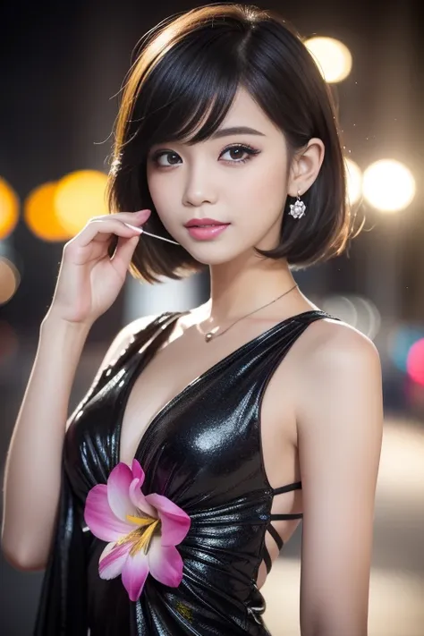 female idol、shiny lip gloss、smiling face、smoky eyeshadow、winged eyeliner、((dramatic lashes))、female silk dress、flowers、multicolor short hair（neon fuchsia)、flowers in the hair、conceptual art, High quality, Realistic, extremely detailed CG unified 8k wallpap...