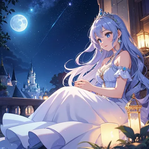 huge moon、1 girl, alone, world of stories, Cinderella, clear、jewelry, dress, glass、magic、fantasy、８K、Sparkling、cinematic light、The light sparkles、masterpiece、very detailed and beautiful