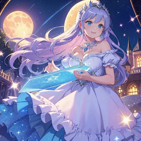 huge moon、1 girl, alone, world of stories, Cinderella, clear、jewelry, dress, glass、magic、fantasy、８K、Sparkling、cinematic light、The light sparkles、masterpiece、very detailed and beautiful