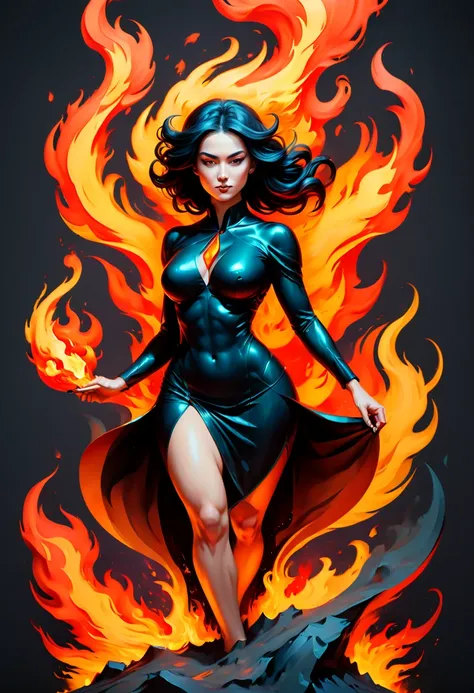 emphasis on shape and color, flat vector image, minimalist artwork, high contrast, woman, mythical elemental, half ((fire)) and half ((obsidian)), plain background, sharp focus, dynamic pose of fierce happiness, (best quality, masterpiece, Representative w...