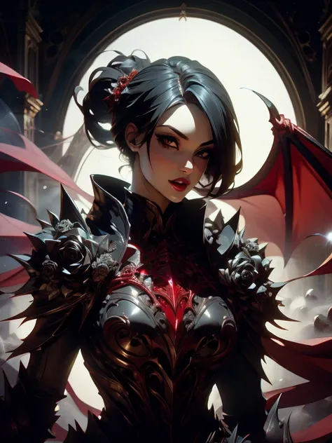 (best quality), (high detail), (close up),(vampire fangs), (1girl), a beautiful gothic vampire with snow white skin jet black hair and bats flying , (bats), wicked smile,(spiderwebs), (black and white effect), (black roses), dark and foggy background, HDR,...