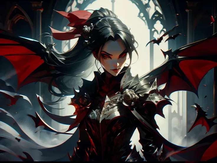 (best quality), (high detail), (close up),(vampire fangs), (1girl), a beautiful gothic vampire with snow white skin jet black hair and bats flying , (bats), wicked smile,(spiderwebs), (black and white effect), (black roses), dark and foggy background, HDR,...