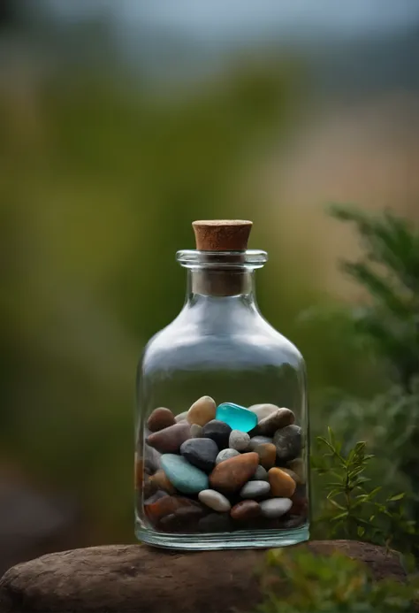 A glass bottle full of rocks