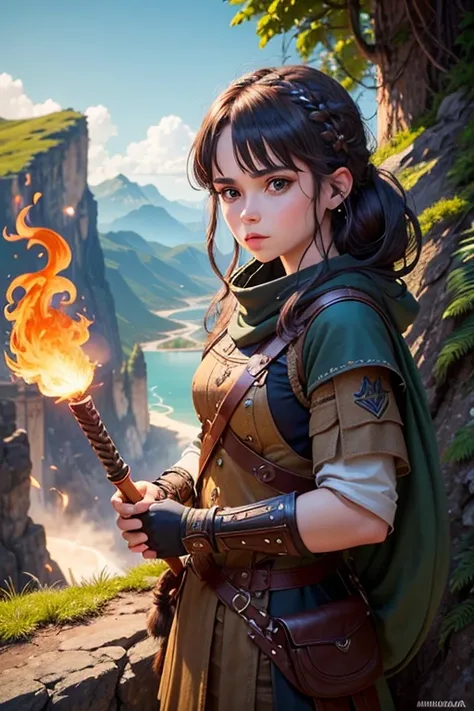 Green dragon with flaming wings exhales fire on top of a cliff. The Flaming Dragon breathes fire, volcanes, respirando fuego. energy elements, aura, Onda, particles, and harmony. young 18 year old woman, Cabello largo, ojos azules, cabello rubio, brown hai...